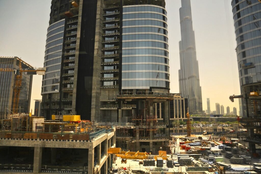 Off-plan property under construction in Dubai with the Burj Khalifa in the background, illustrating off-plan mortgage financing