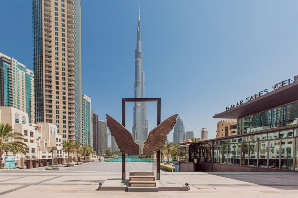 Burj Khalifa and the Downtown Dubai skyline seen from Burj Park, representing the AED 2 million Golden Visa property investment threshold
